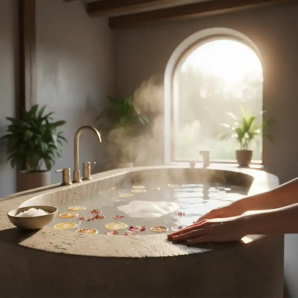Hands resting softly by a warm bath