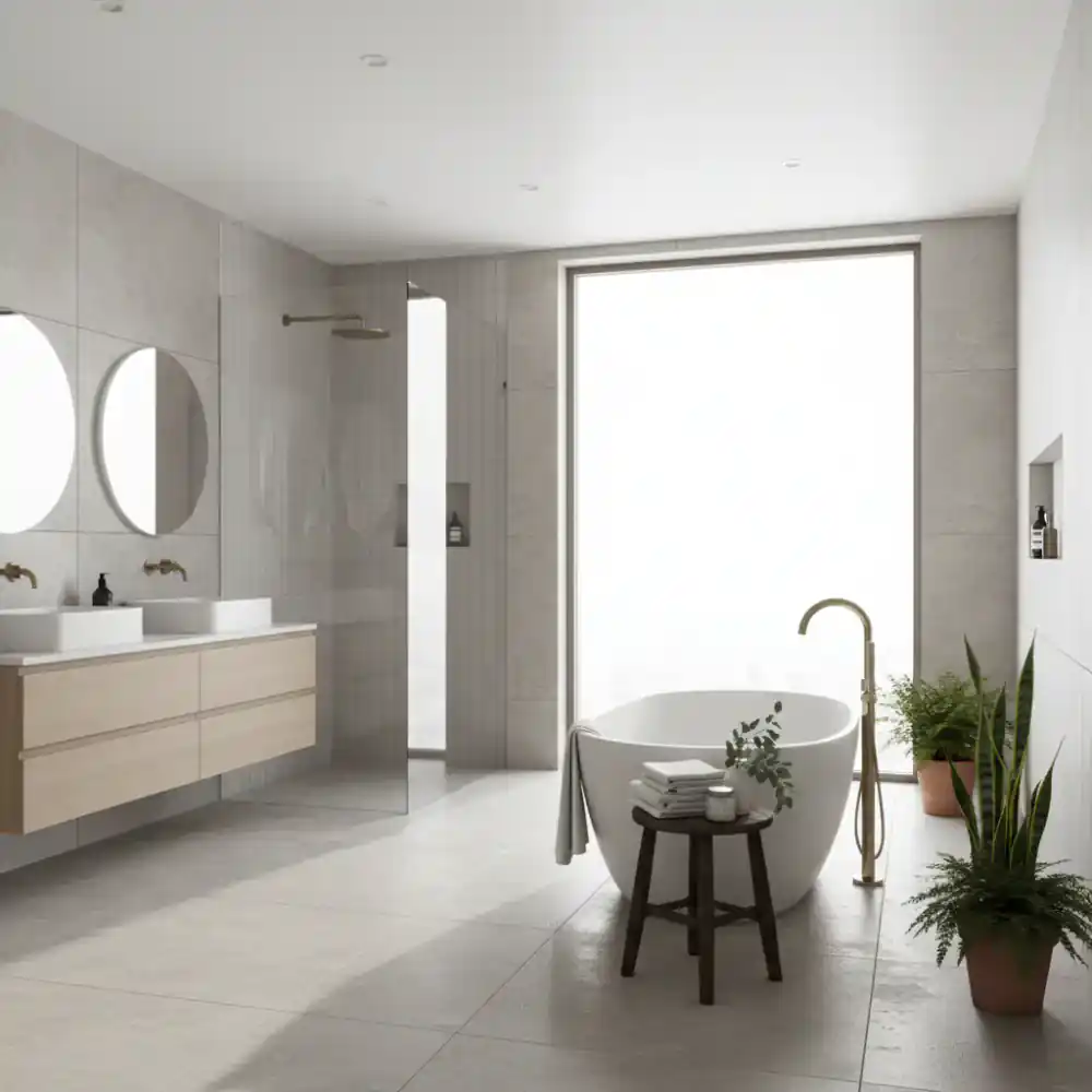 Elegant bathroom setup with a modern tub and natural light