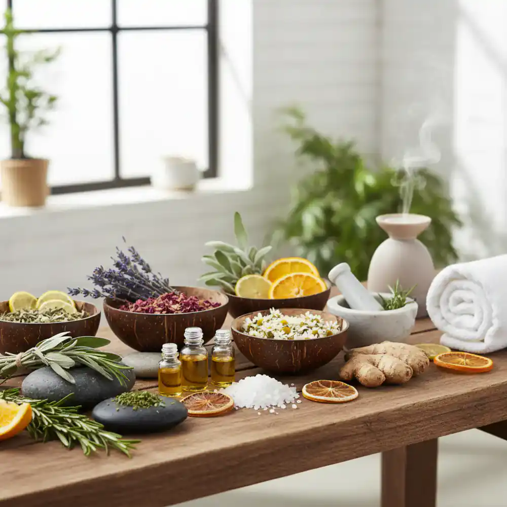 Natural ingredients and herbs on a table